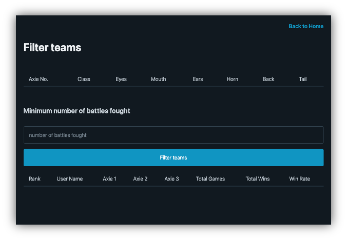 Screenshot of Filter Teams Page