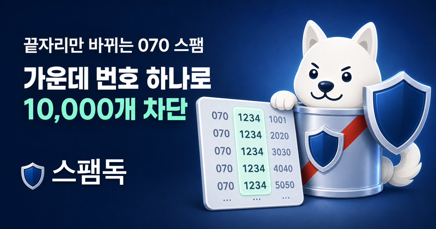끝자리만 바뀌는 070 스팸을 가운데 번호 하나로 10,000개 차단하는 스팸독